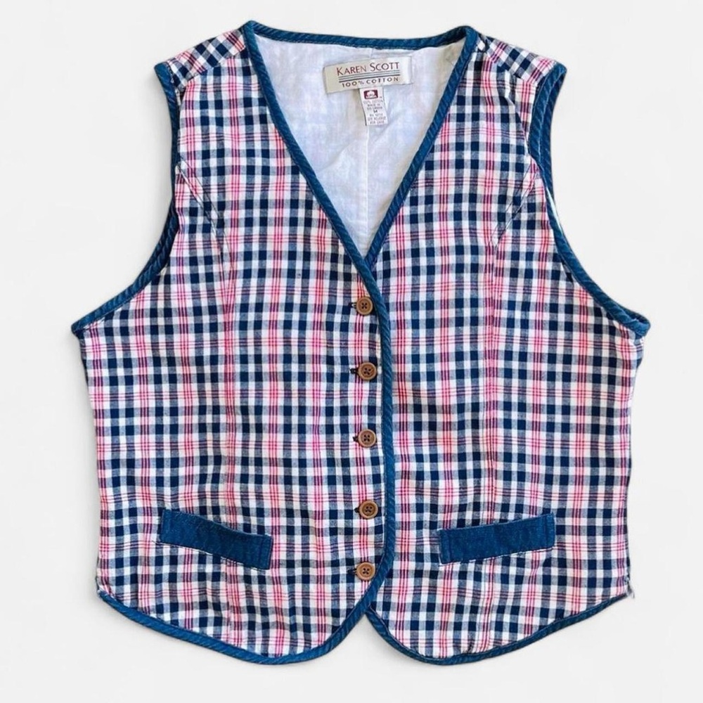 Vintage Karen Scott Cotton & Denim Red White Blue Plaid Button Front Vest